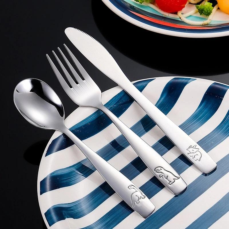Affordable 304 Stainless Steel Children's Tableware Set, Dinosaur Pattern Knife Fork Spoon, Easter Kids Utensils for Daily Use