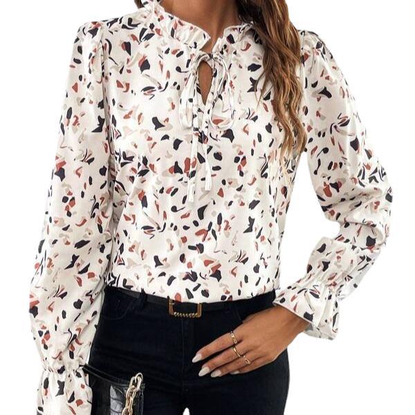 Kvinner Vår Høst Langermet Ruffles Stand Collar Printed Skjorte Bluse Topp