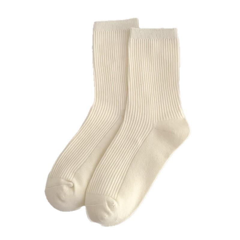 Women's Double Needle Pure Cotton Mid-Calf Socks - Solid Color, Anti-Pilling, Versatile for Spring and Autumn.
