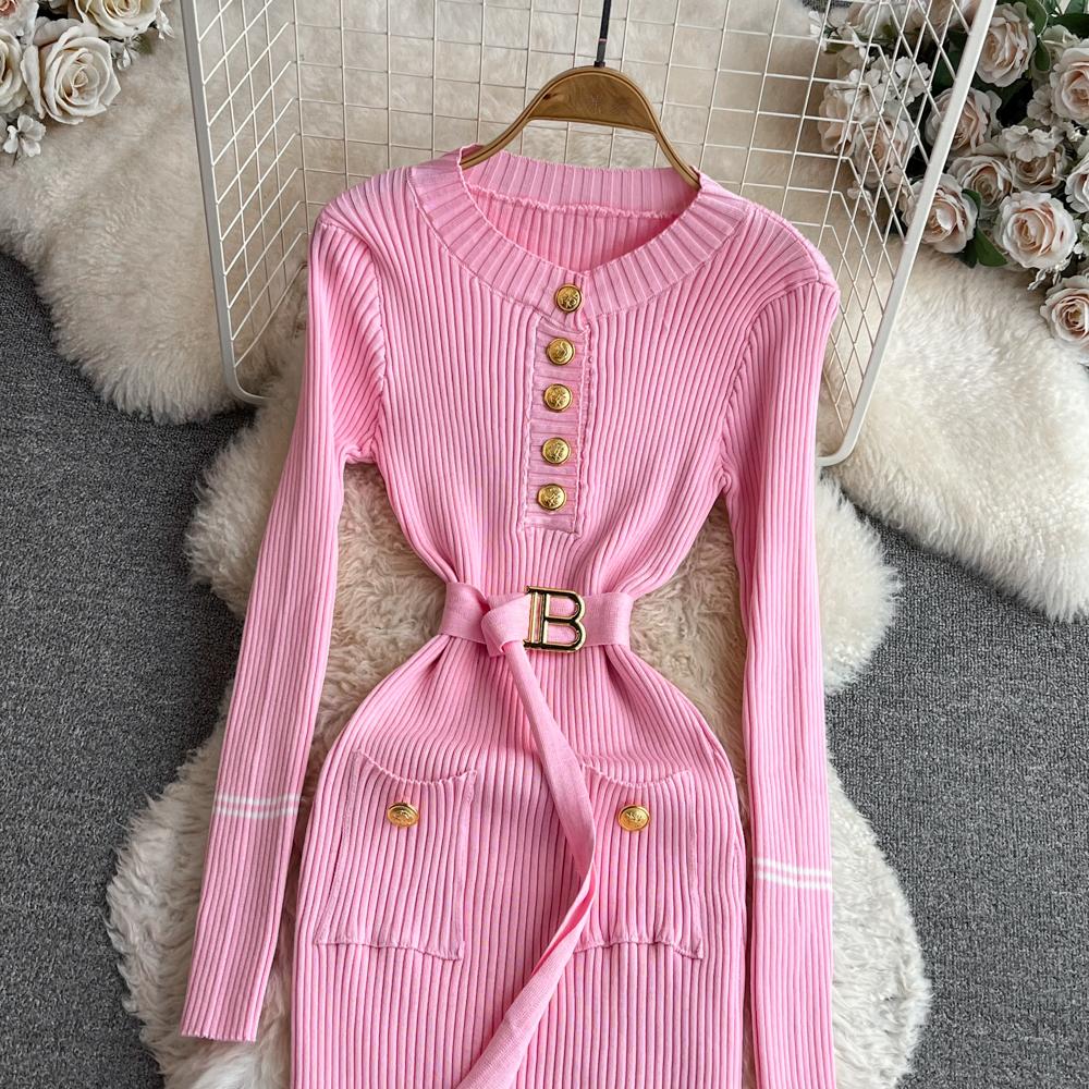 Women Dress  Autumn Winter Elegant Rib Knit Long Pencil Dress with Belt Office Lady Bodycon Sweater Dress