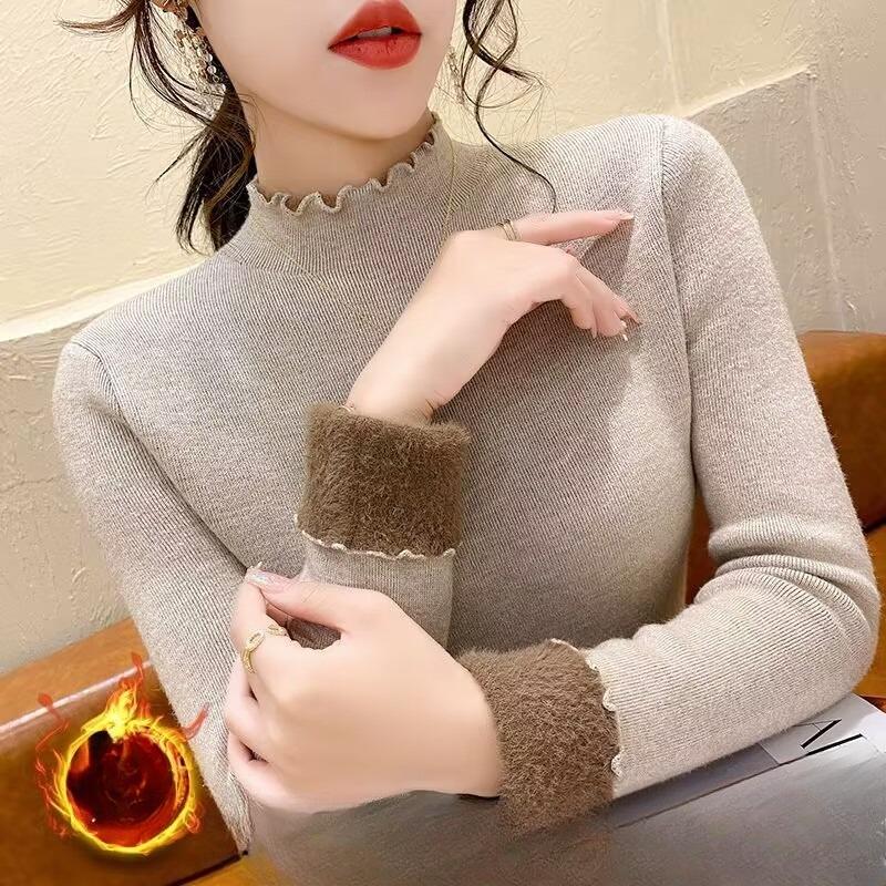 

Жіночий осінньо-зимовий приталений базовий светр з інтегрованою флісовою тканиною, напіввисоким коміром, потовщений светр у корейському стилі 2XL
