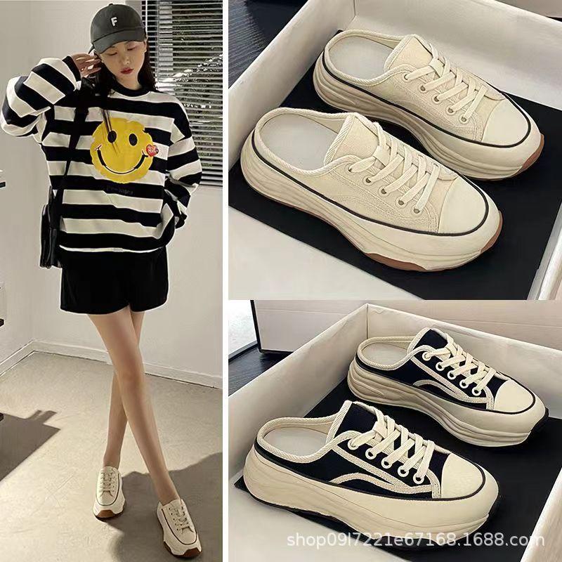 Damsommarnya studentplattformsportskor dam casual väska huvud canvas halvtoffla