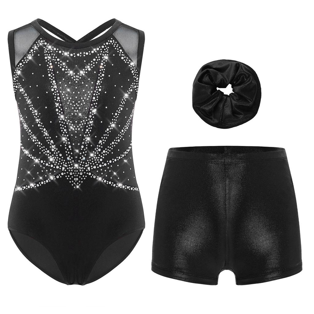 Girls 3 Piece Dance Set Sleeveless Metallic Leotard Criss Cross Back Rhinestones Color Block Design with Shorts Hairband