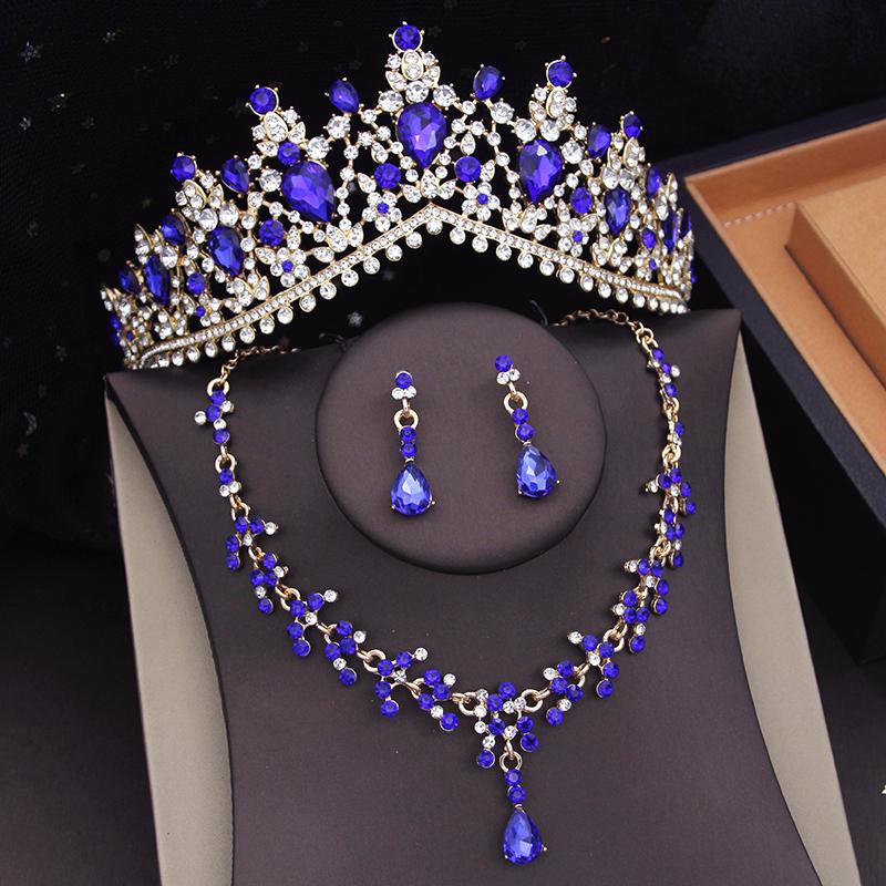 Lila Farben Hochzeitskrone Brautschmucksets für Frauen Choker-Halsketten-Sets Tiaras Ohrringe Schmuck Abschlussball-Kostümzubehör