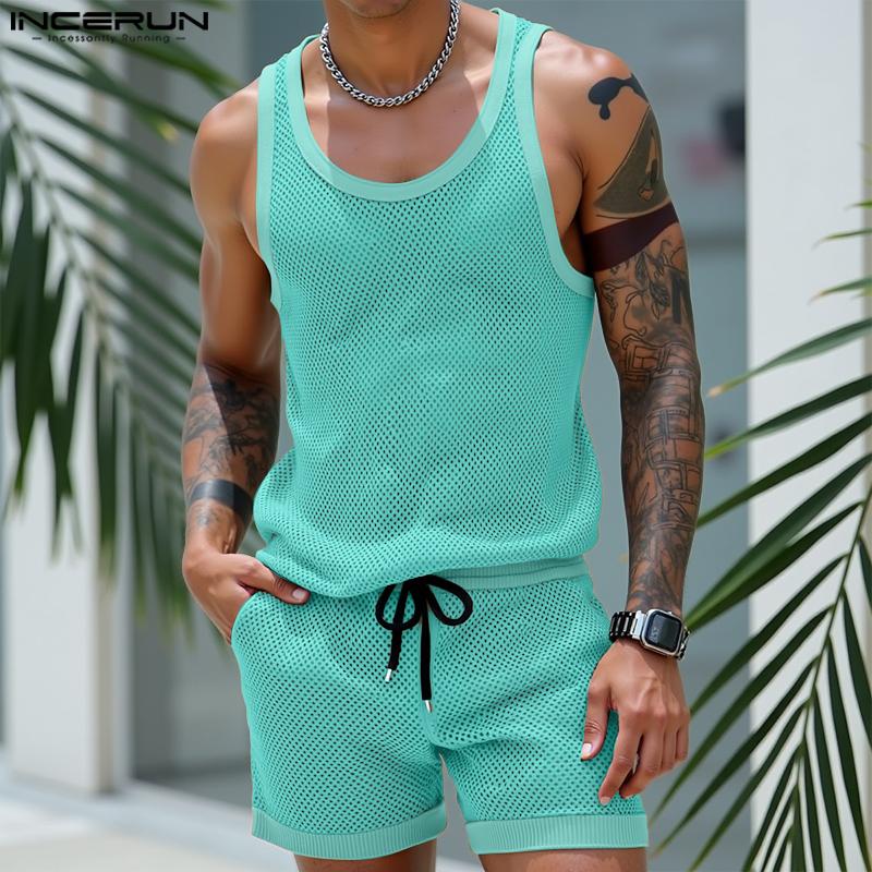 INCERUN 2PCS Summer Men Hollow Sleeveless Tank Tops and Shorts Beach Outfits Sets