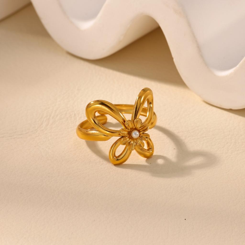 Elegant Pearl Flower Butterfly Rings For Women Stainless Steel Gold Color Wedding Ring Feamle Jewelry Accessories gifts