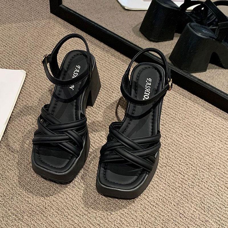 Summer Women's Sandals Elegant Ankle Strap Solid Color Square Toe Sandales Shoes Fashion Platform Black White Heeled Sandalias