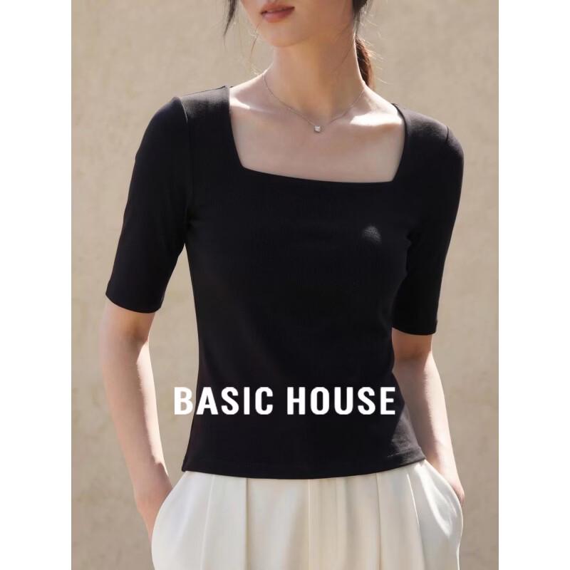 Basic House Women s Square Neck Cotton Short Sleeve T-Shirt XL чёрный