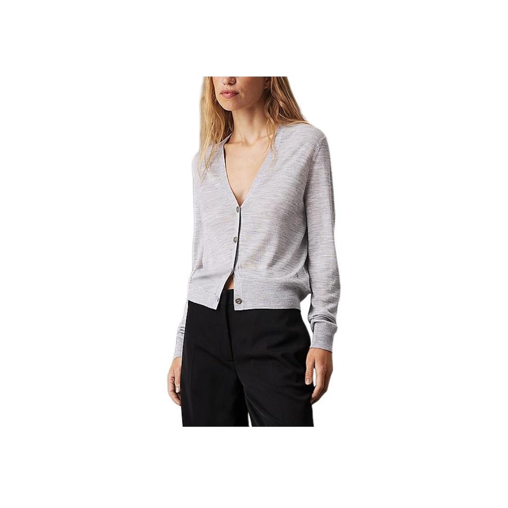 Calvin Klein Solid Color V-Neck Single-Breasted Long Sleeve Knit Sweater Women Tops Gray K20K207935-P68
