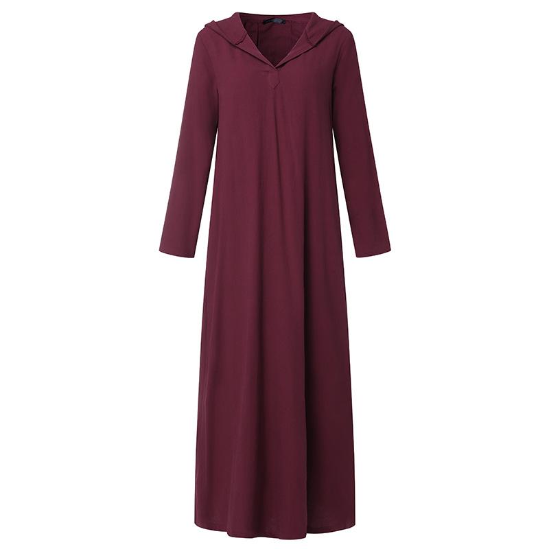 Women's Hooded V Neck Long Sleeve Linen Maxi Dress Loose Fit Solid Color Modest Abaya Kaftan