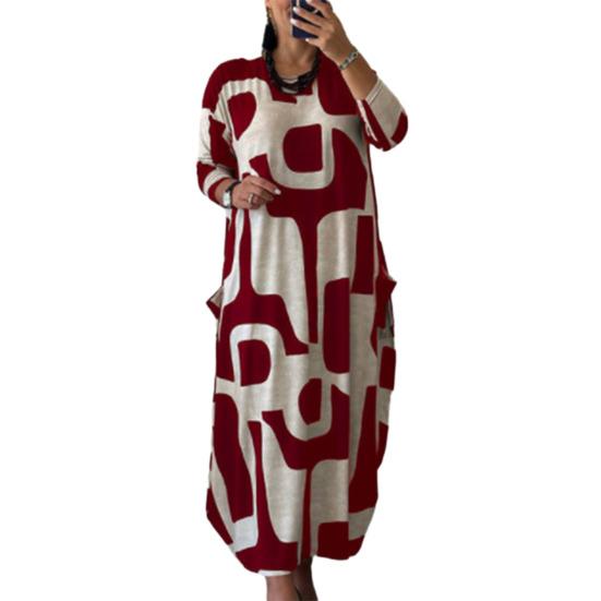 Frauen Kleid Farbe Passenden Druck Lose Lange Hülse O Neck A-linie Knöchel Länge Taschen Plus Größe Pullover Dame Maxi kleid