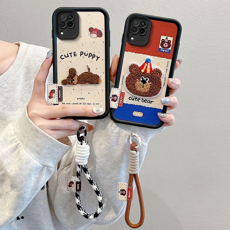 KEYSION Cartoon Cute Plush Embroidery Case for Samsung A12 with Lanyard Soft Silicone Shockproof Phone Back Cover for Galaxy M12