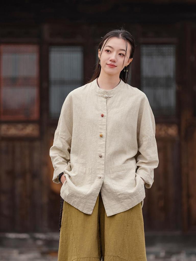 Spring Hemp Color Block Stand Collar Zen Jacket - Women's Cotton Linen Chinese Style Cardigan