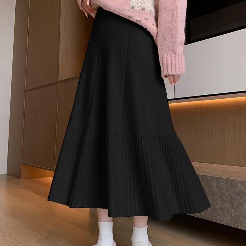 Gestrickter Plisseerock Damen Herbst Winter Lässig Hohe Taille Schlankmachend Midi A-Linie Ausgestellter Rock