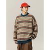Suéter de Punto Redondo a Rayas de Contraste Retro para Hombre Modelos de Otoño e Invierno Punto Grueso Holgado Estilo Perezoso Suave y Sedoso Jersey de Punto Chaqueta