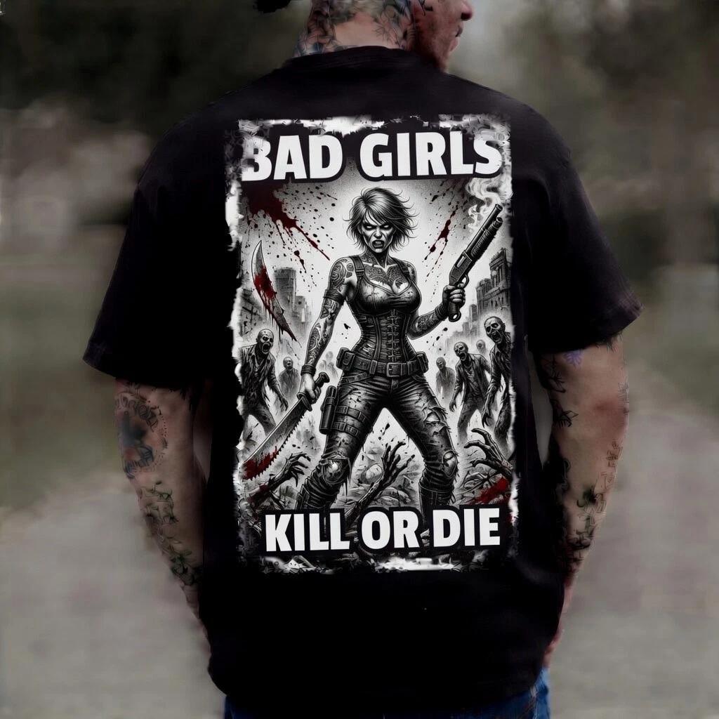 Bad Girls Kill Or Die Black Graphic T-Shirt Zombie Tattoo Edgy Tee S