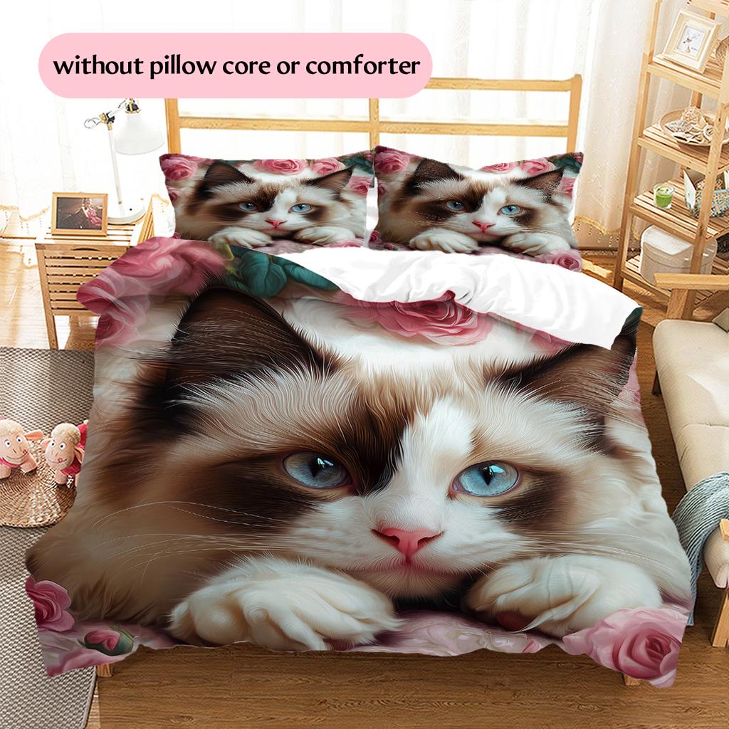 Ragdoll Cat and Rose Pattern Bedding Home Decoration Birthday Gift (1 * Duvet Cover + 2 * Pillowcase, Without Core)