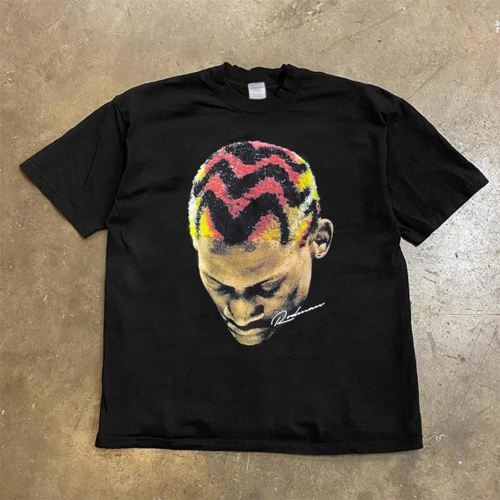 Móda Pánské Dámské Tričko Rodman Americká Street Velká Hlava Kulatý Výstřih Krátký Rukáv Bavlněné Tričko Volné Streetové Oblečení Topy Oblečení