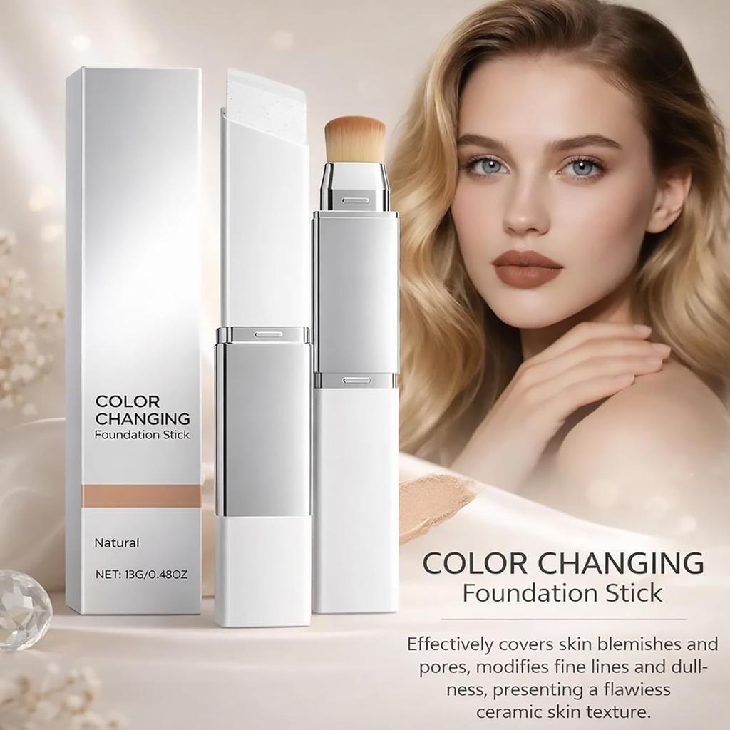 Color-Changing Foundation Stick, Dual-Ended Korean Skin Care Foundation Stick, Detachable Brush, Full To Medium Coverage Base Hydrating Makeup Portabl