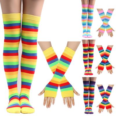 Womens Thigh High Stockings Arm Sleeve Gloves Set Ladies Girls Black White Striped Long Over Above Knee Socks Cosplay Lolita