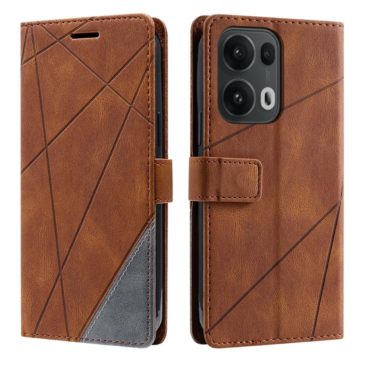 

For Oppo Reno13 Pro 5G Case Imprinted Lines PU Leather Splicing Wallet Phone Cover Brown