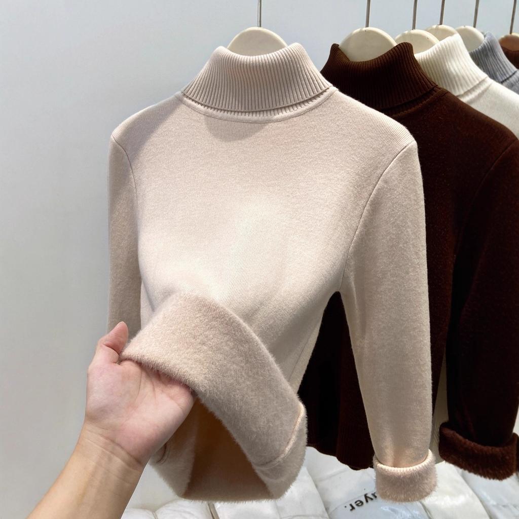 Autumn and winter new semi-turtleneck fleece sweater bottoming shirt women's integrated fleece thickened, warm and slim, knitted inside