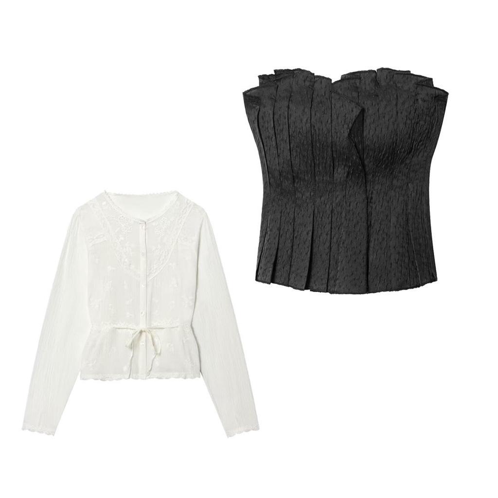 Sweet Women's Embroidered Gauze Blouse with Hollow-Out Waist-Cinching Pleated Bandeau