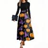 Women's Fashion Casual Belted Long Sleeve Round Neck Halloween Printed Elegant Temperament Dresses