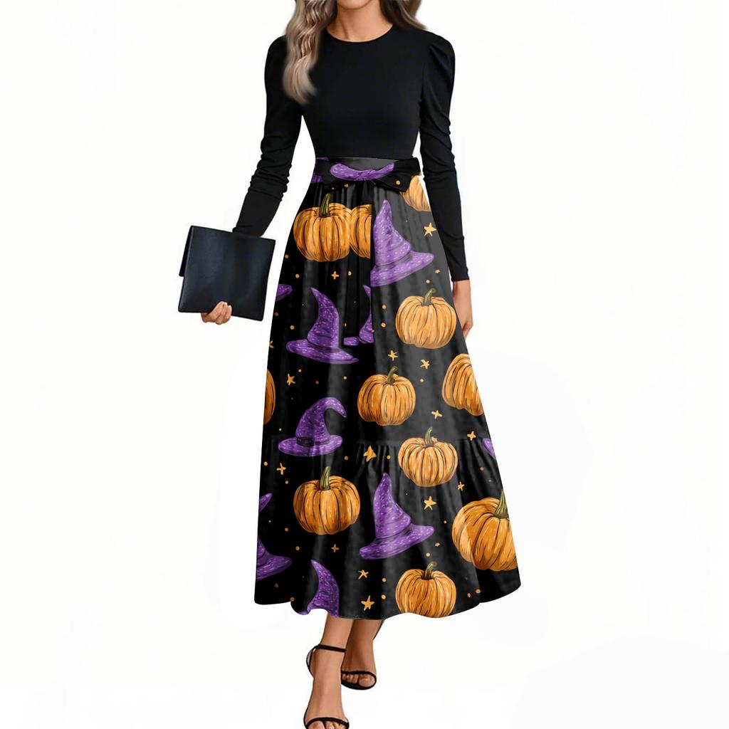 Women's Fashion Casual Belted Long Sleeve Round Neck Halloween Printed Elegant Temperament Dresses