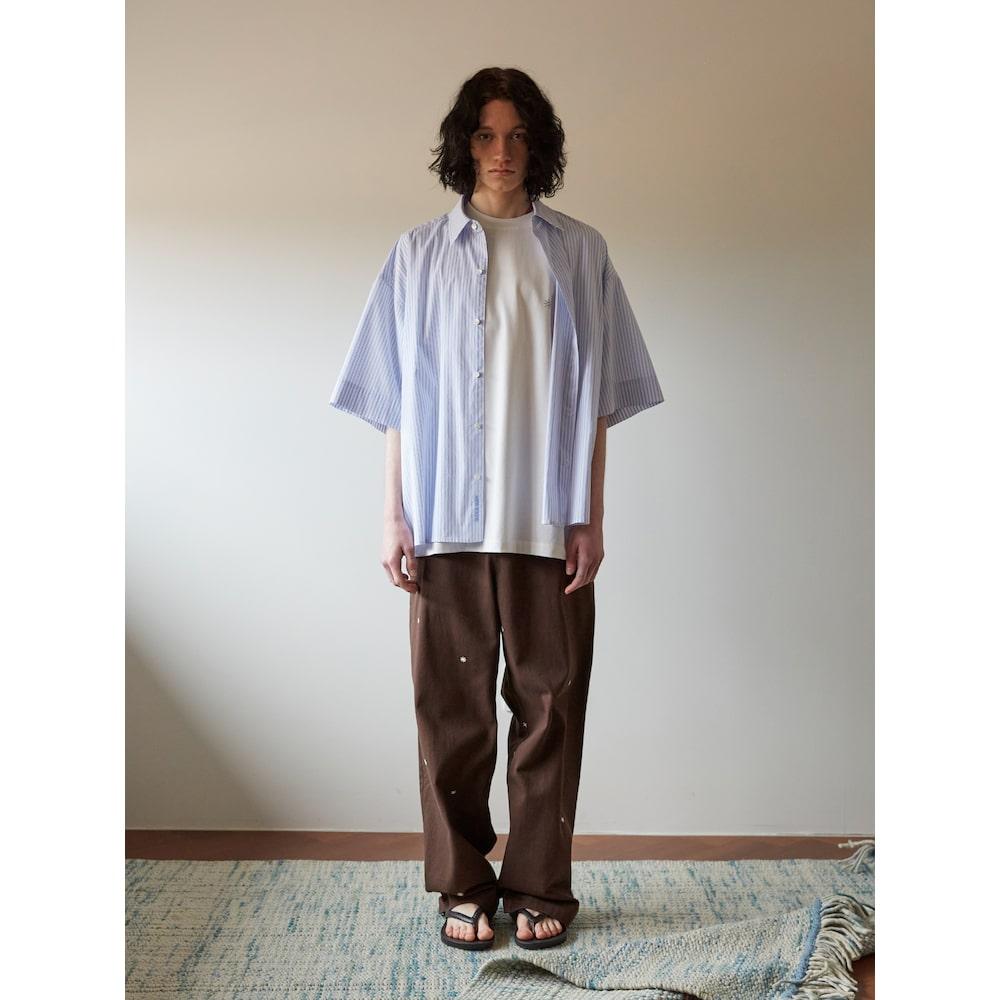 Saendeusaundeu (Unisex) Pinstripe Crop Short Sleeve Shirt Light Blue