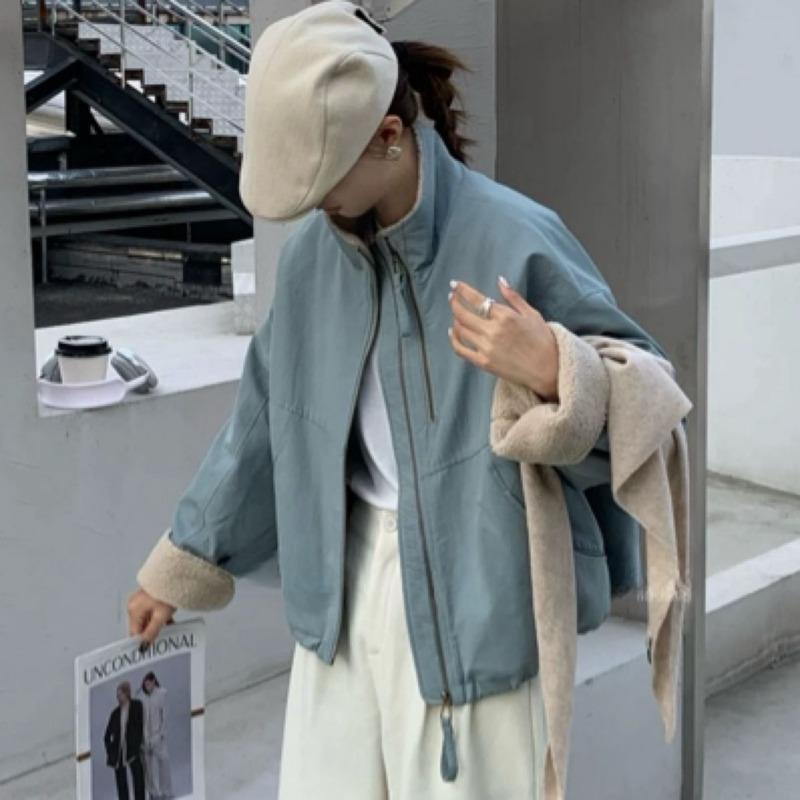 

Короткий пиджак из овечьей шерсти, женская зимняя повседневная свободная маленькая хлопковая куртка L 125-145 светло-синий