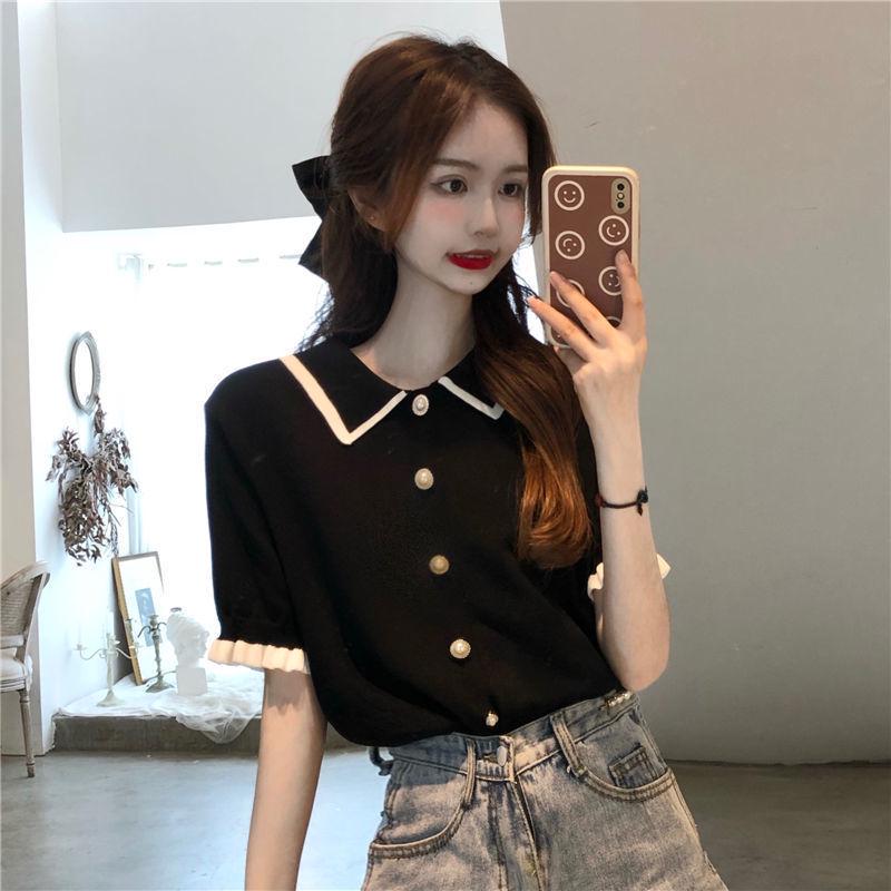 Women's Short Sleeve Lace Knit Top - Color Block, Gentle Summer Doll Style