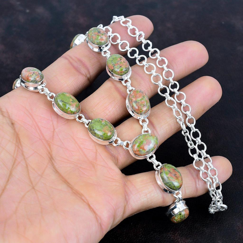 Unakite Gemstone Necklace 925 Sterling Silver Necklace Adjustable Chain Necklace Handmade Boho Jewelry Birthstone Necklace Engagement Gifts