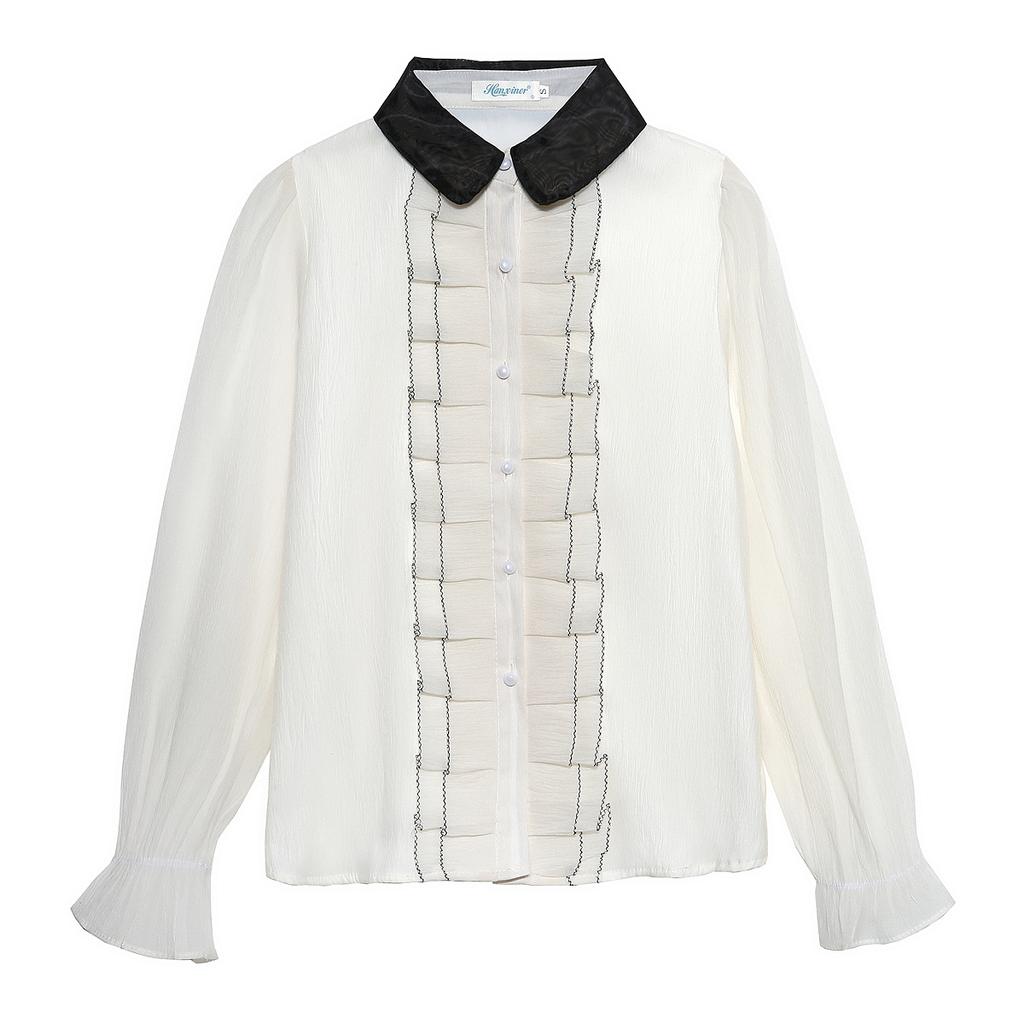 New 2024 Fashion Autumn Long Sleeve Doll Collar Casual Apricot Chiffon Blouse Shirt Women Tops Blouses Shirts J504