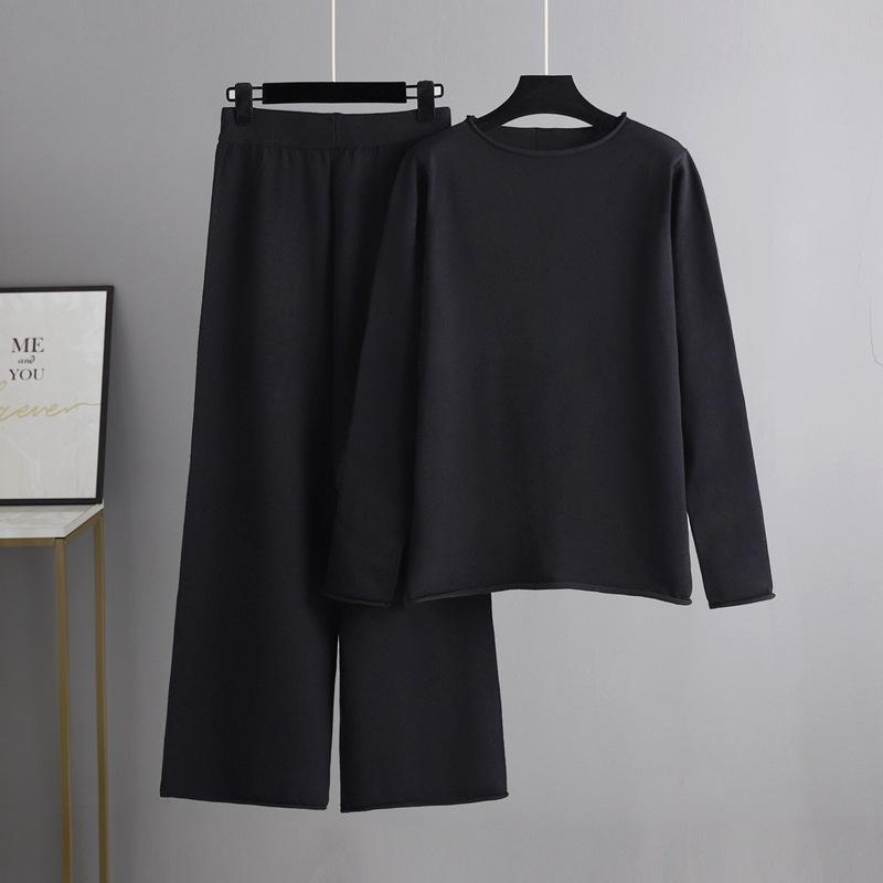 

Осенне-зимний вязаный широкий брючный костюм женский однотонный комплект из двух предметов OneSize чёрный