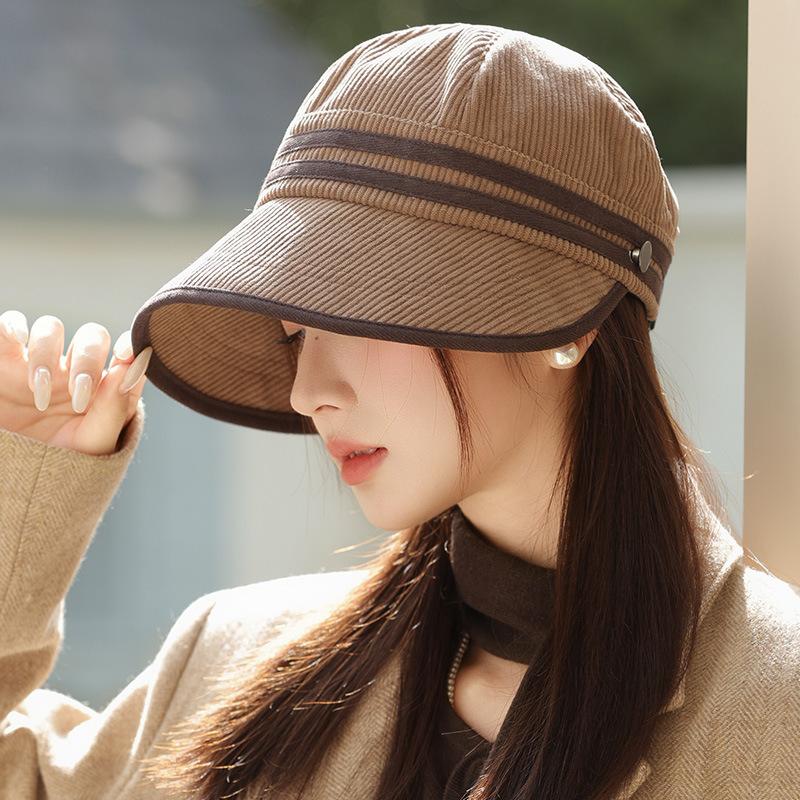Corduroy Autumn Hat Women's High-end Temperament Equestrian Hat Big Head Circumference Showing Face Small Versatile Cap