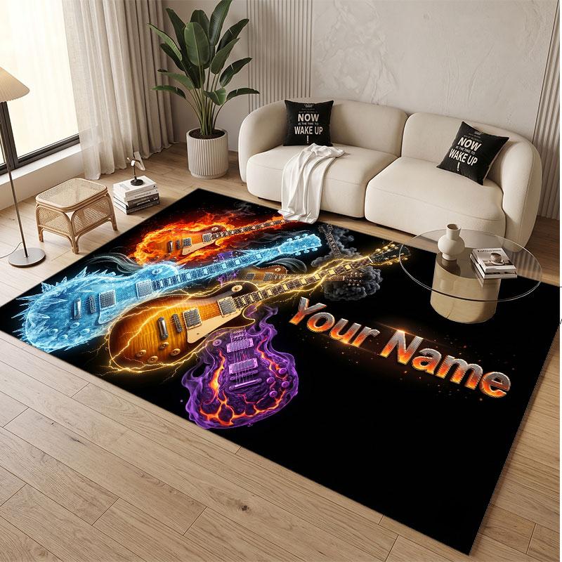 Music Guitar Theme Soft Crystal Velvet Rug Custom Name & Text Print Non Slip Floor Rug for Bedroom Living Room