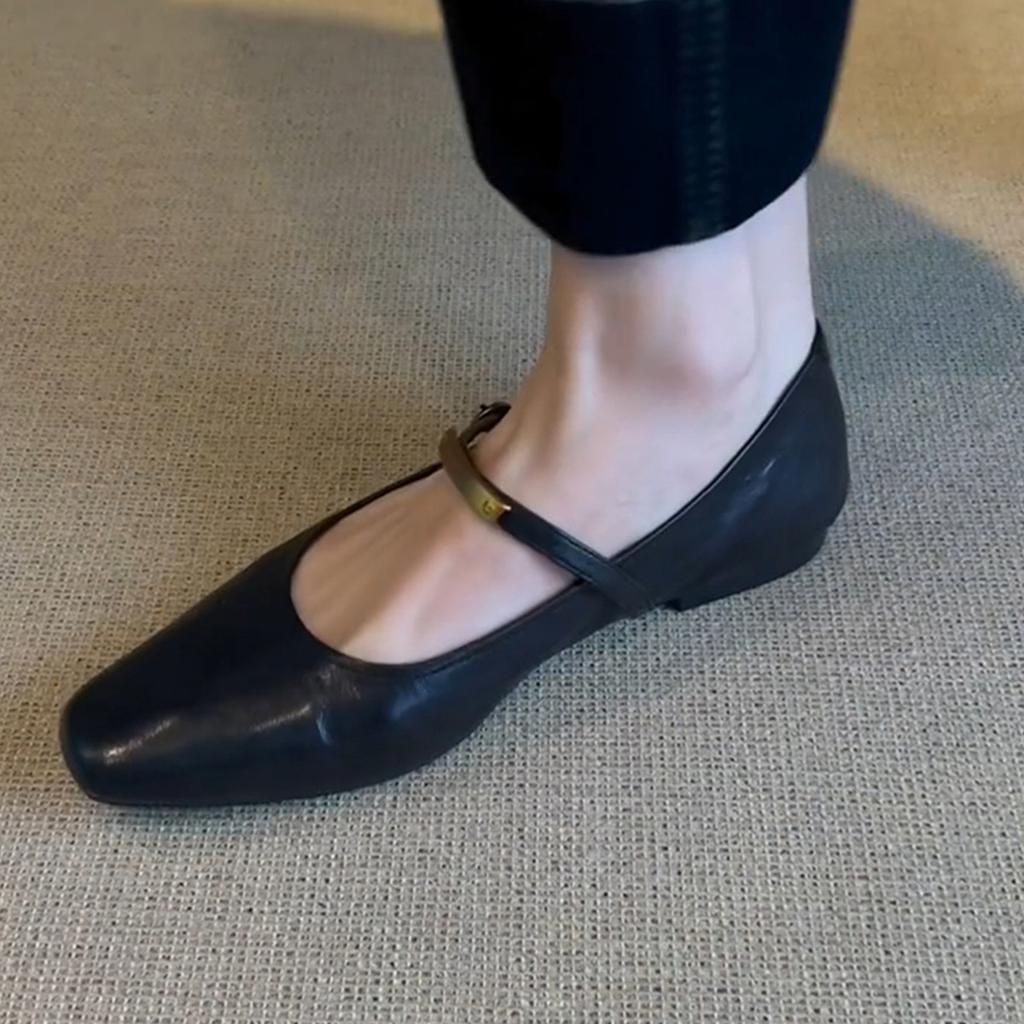 Shallow Mouth One-word Buckle Black Mary Jane Shoes Women's Retro Flat Bottom Comfortable Versatile Square Head Small Single Shoes