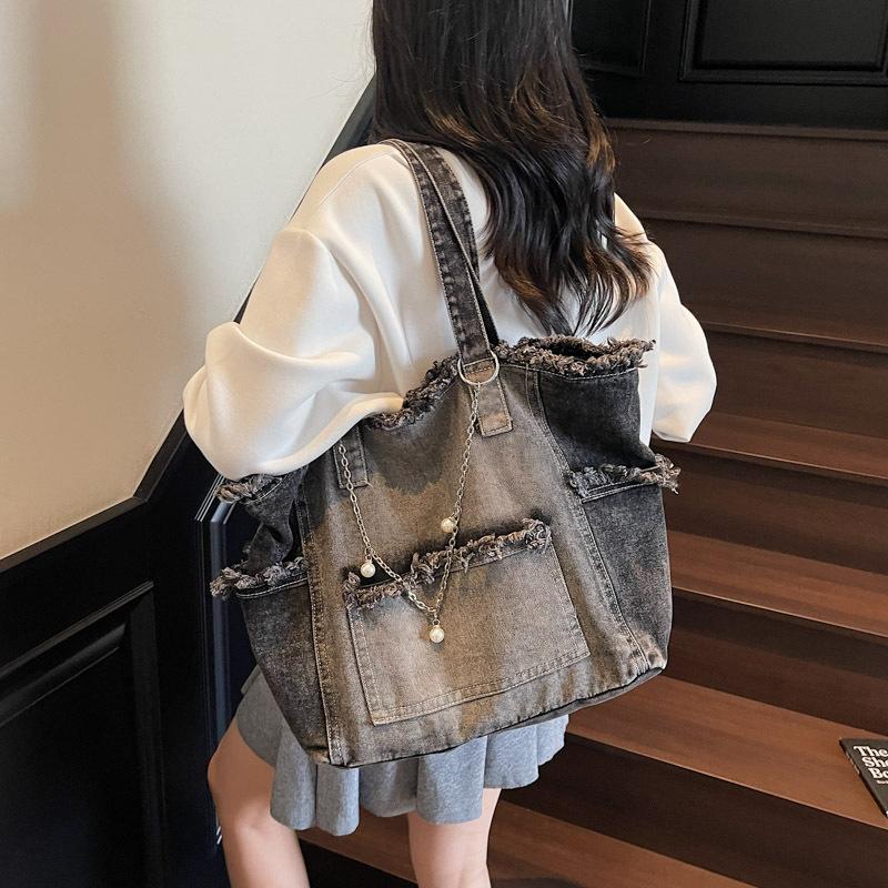 Korean Retro Washed Denim Tote Bag Women's Large-capacity Casual Shoulder Underarm Bag Lazy Wind Commuter Class Bag