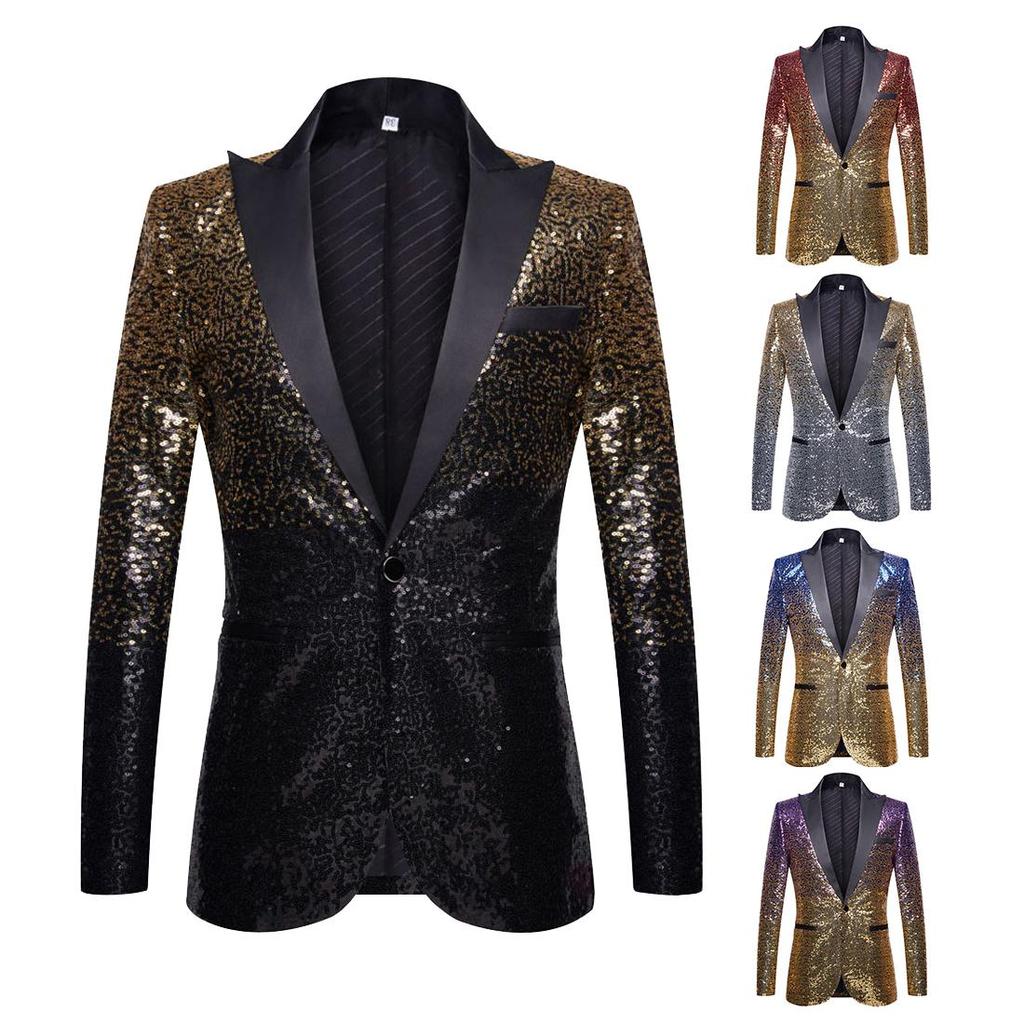 PYJTRL Pánská móda s postupnou změnou barvy lesklý flitrový oblek bunda se zapínáním na límec