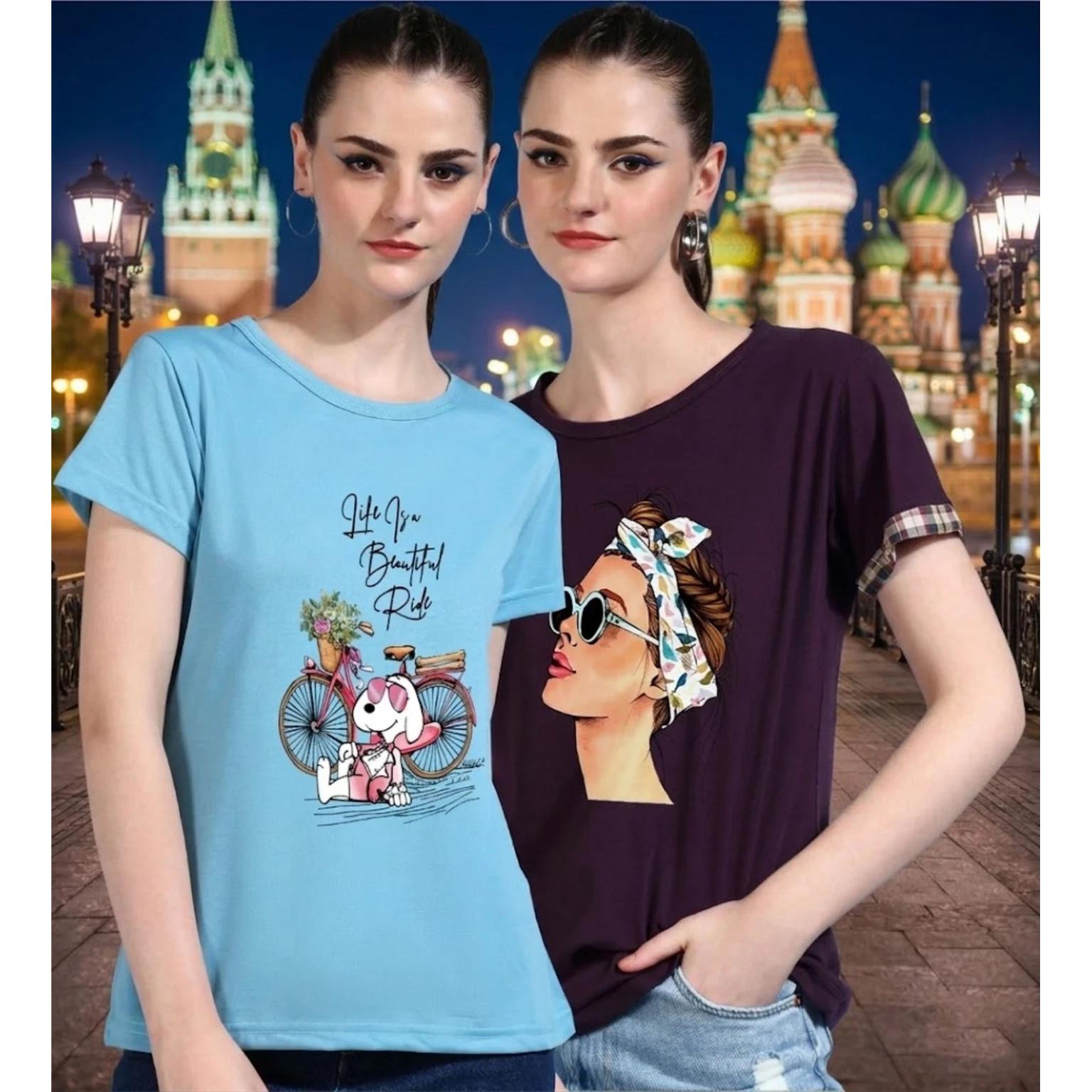 Graphic Printed Women s Cotton Blend Round Neck T Shirt Set Dress Pack Of 2 S