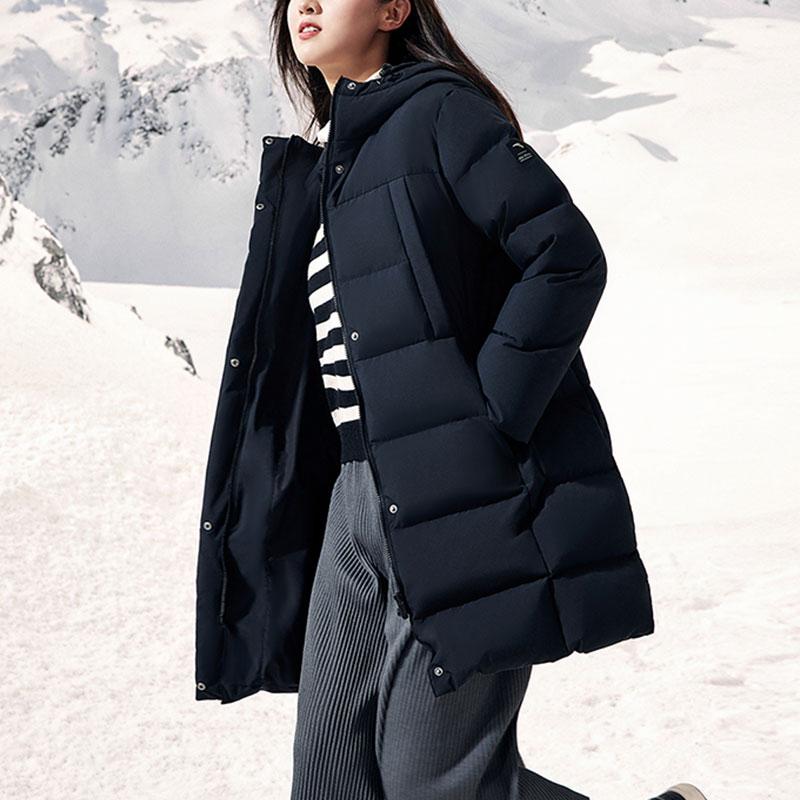 Anta Letter Print Mid-Length Water-Resistant Thickened Warm Hooded Down Jacket Women Outerwear Basic-Black 162417902-3