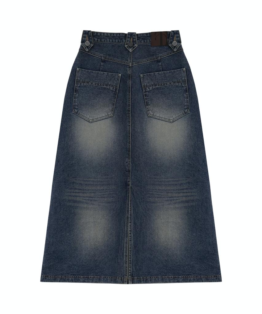 Teulimingbeodeu Front Yoke Denim Long Skirt [ Dark Blue ]
