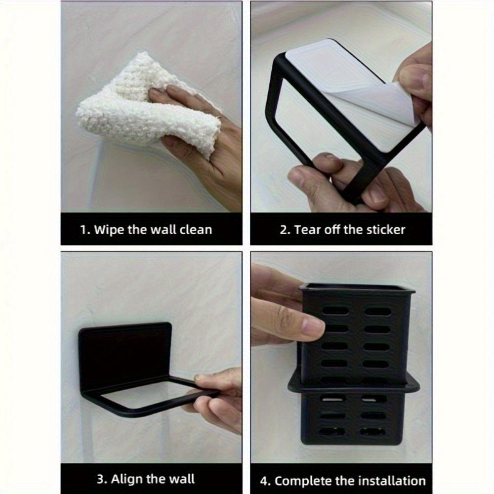 Multi-Purpose Wall-Mounted Storage Rack for Toothbrushes Makeup Tools Black White Modern Design No Drill Installation Adhesive Hooks Adjustable