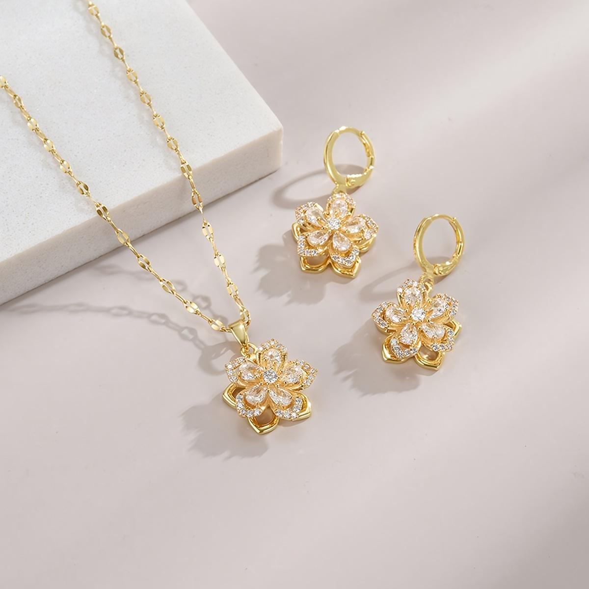 Gold-plated zirconia five-petal flower stainless steel women s necklace   Gold-plated zirconia five-petal flower stainless steel women s earrings Five-petal flower set белый