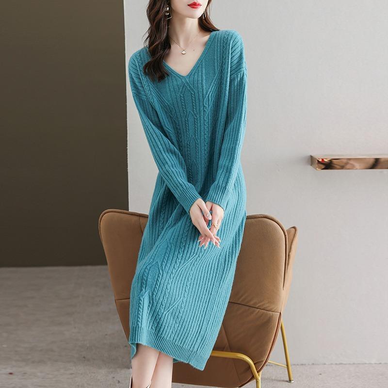 Herbst- und Winterkleid Damen lang knielang lässiger Pulloverrock neu mit Mantel mit gestricktem Unterrock