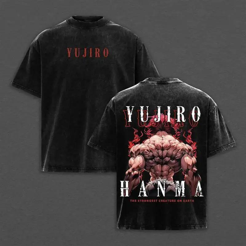T-shirt Anime Baki Hanma Yujiro Été Manches Courtes 100% Coton T-shirt Lavé Oversize Hauts Vêtements Homme