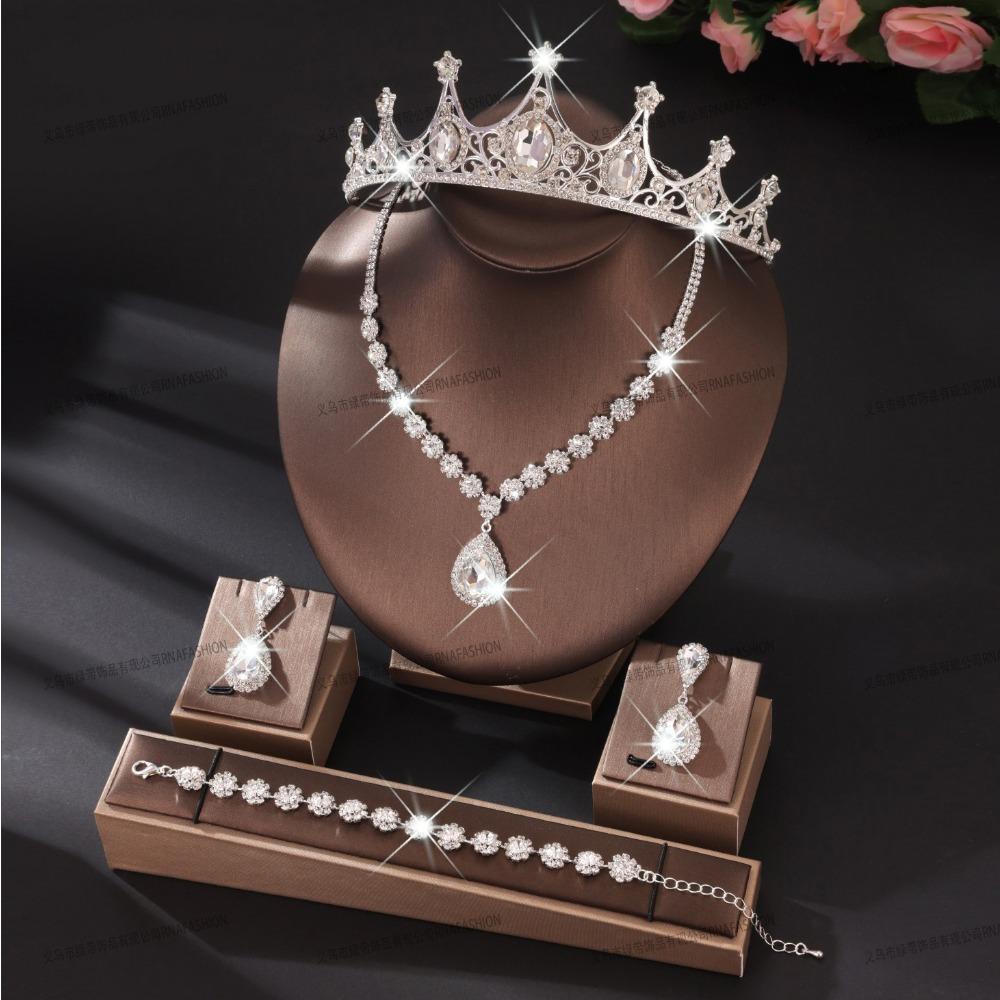 Wedding Jewelry Set, Necklace, Stud Earrings, Bracelet, Three-piece Set, Full of Diamonds and Flowers, Multi-color Set.