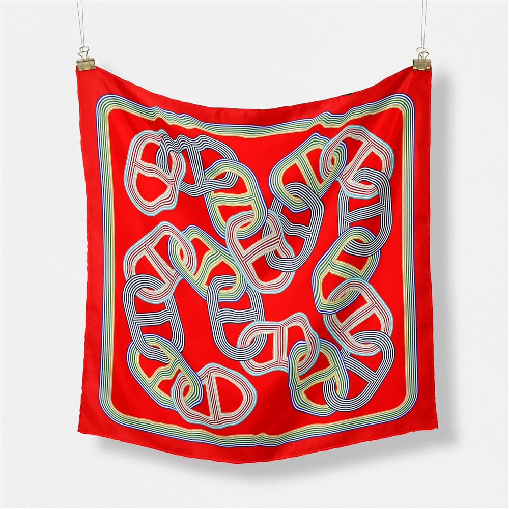 53Cm   Chain Rope Print Square Scarf Woman 100% Twill Silk Scarf Women Bandana Luxury Headband Hijab Neckerchief
