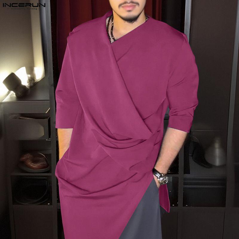 INCERUN Oversized Men V Neck Short Sleeve Solid Color Casual Loose Irregular T-shirts Tops